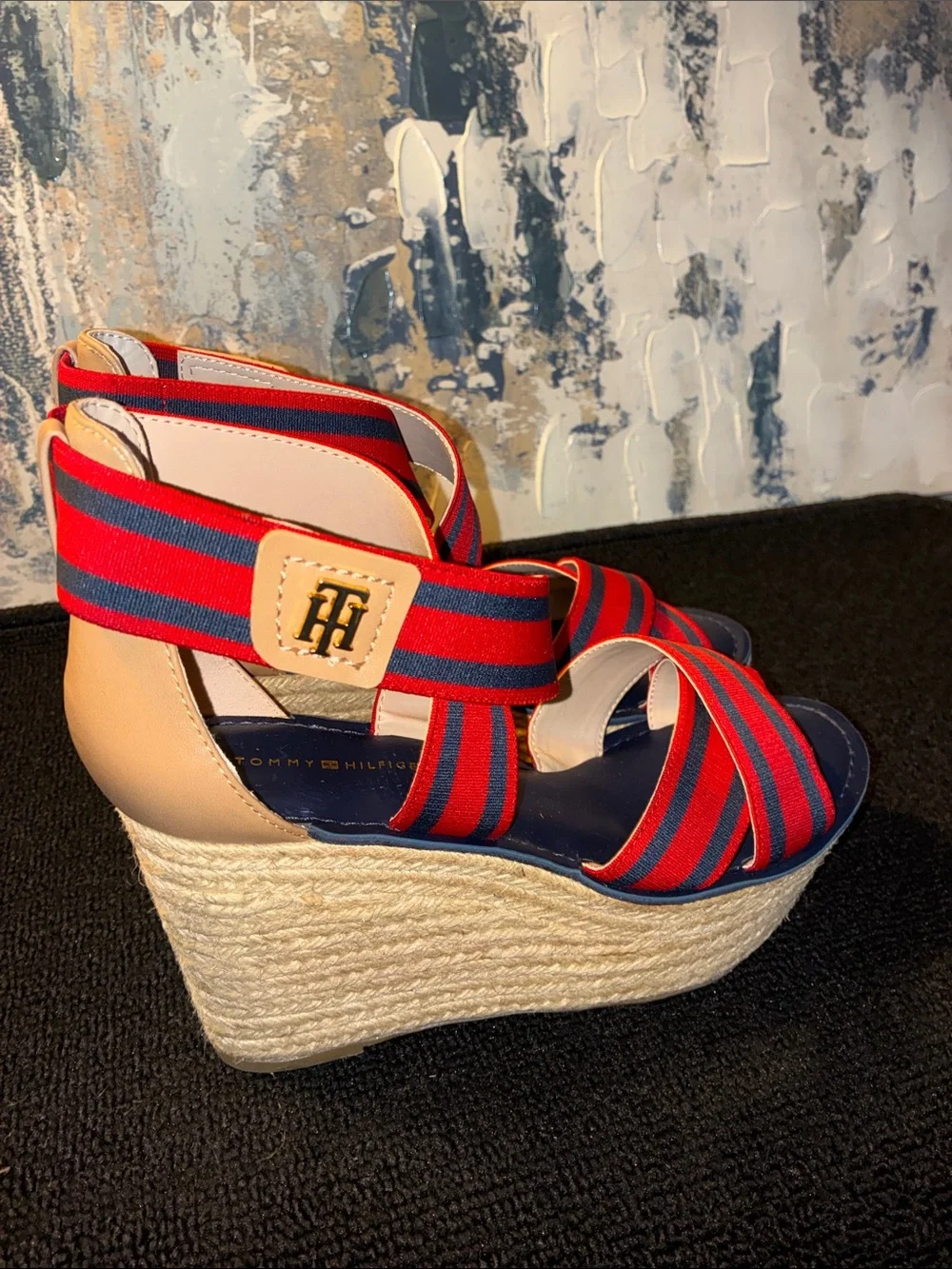 NWT Tommy Hilfiger Red & Navy Striped Espadrille Wedge Sandals Size 7.5